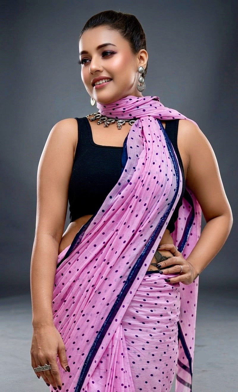 Pastel Pink Printed Polka Dot Malcotton Saree