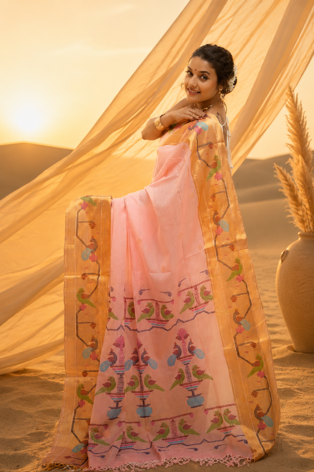 Premium Mal Cotton Sitara Work Saree (Pastel Pink)