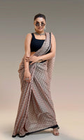 Taupe Blush Polka Dot Saree with Charcoal Piping