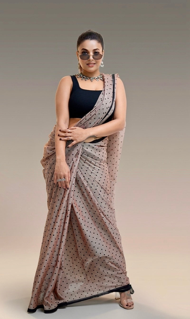 Taupe Blush Polka Dot Saree with Charcoal Piping