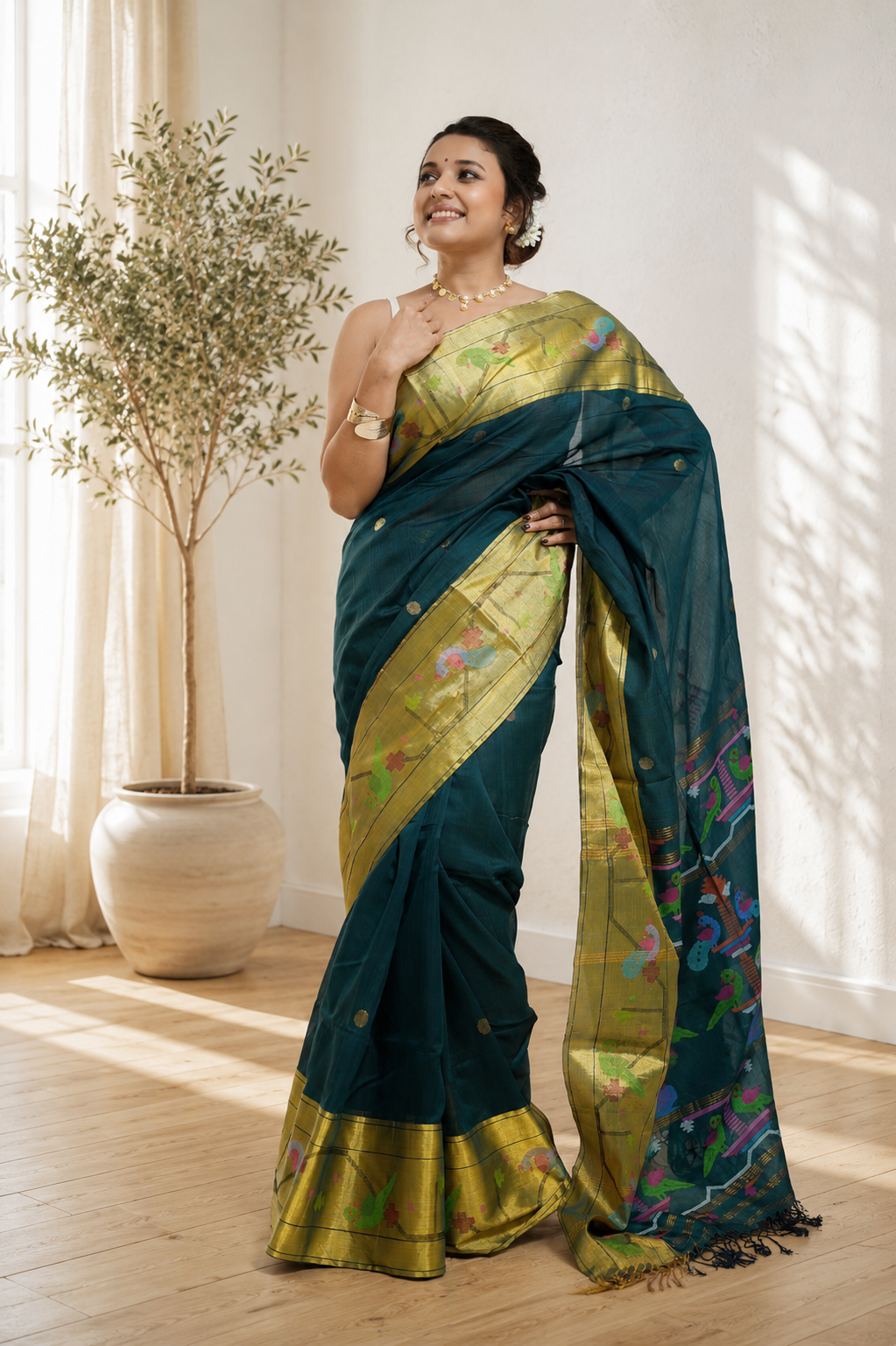 Handloom Paithani Saree in Deep Teal Green With Blouse Piece