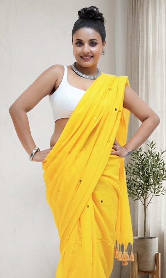 Yellow Mal Cotton Sitara Saree