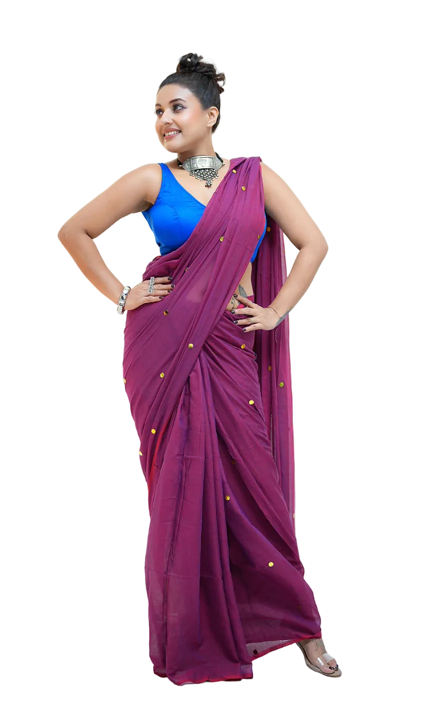 Plum Magenta Organza Saree with Gold Sequin Accents