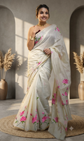 Exquisite Hand-Painted Floral Saree with Running Blouse Piece