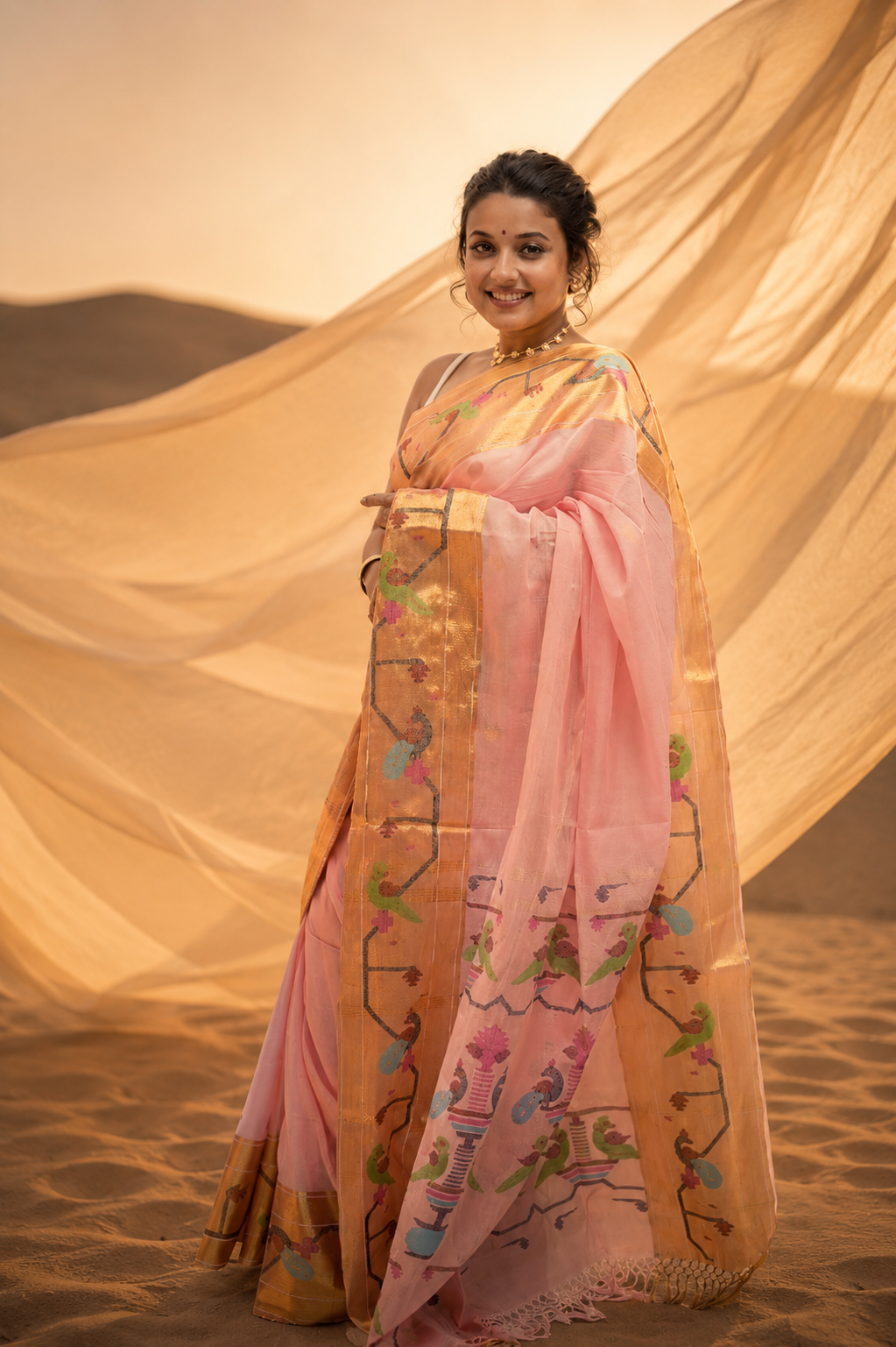 Premium Mal Cotton Sitara Work Saree (Pastel Pink)