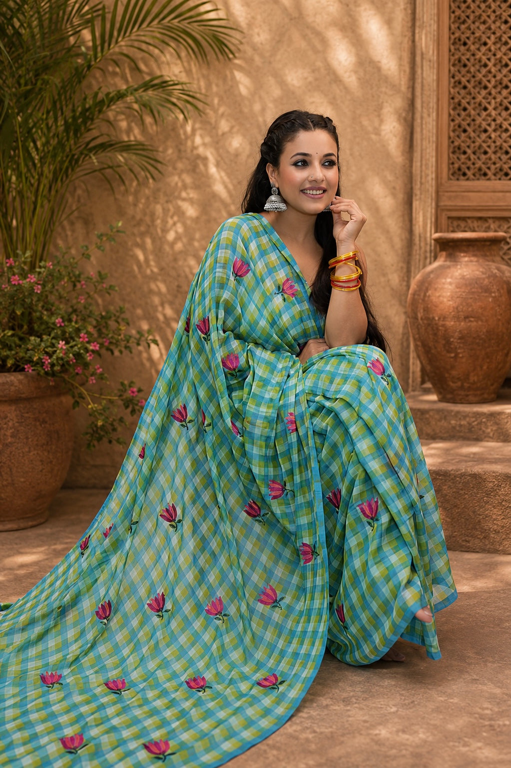 Malcotton checks tulip flower saree