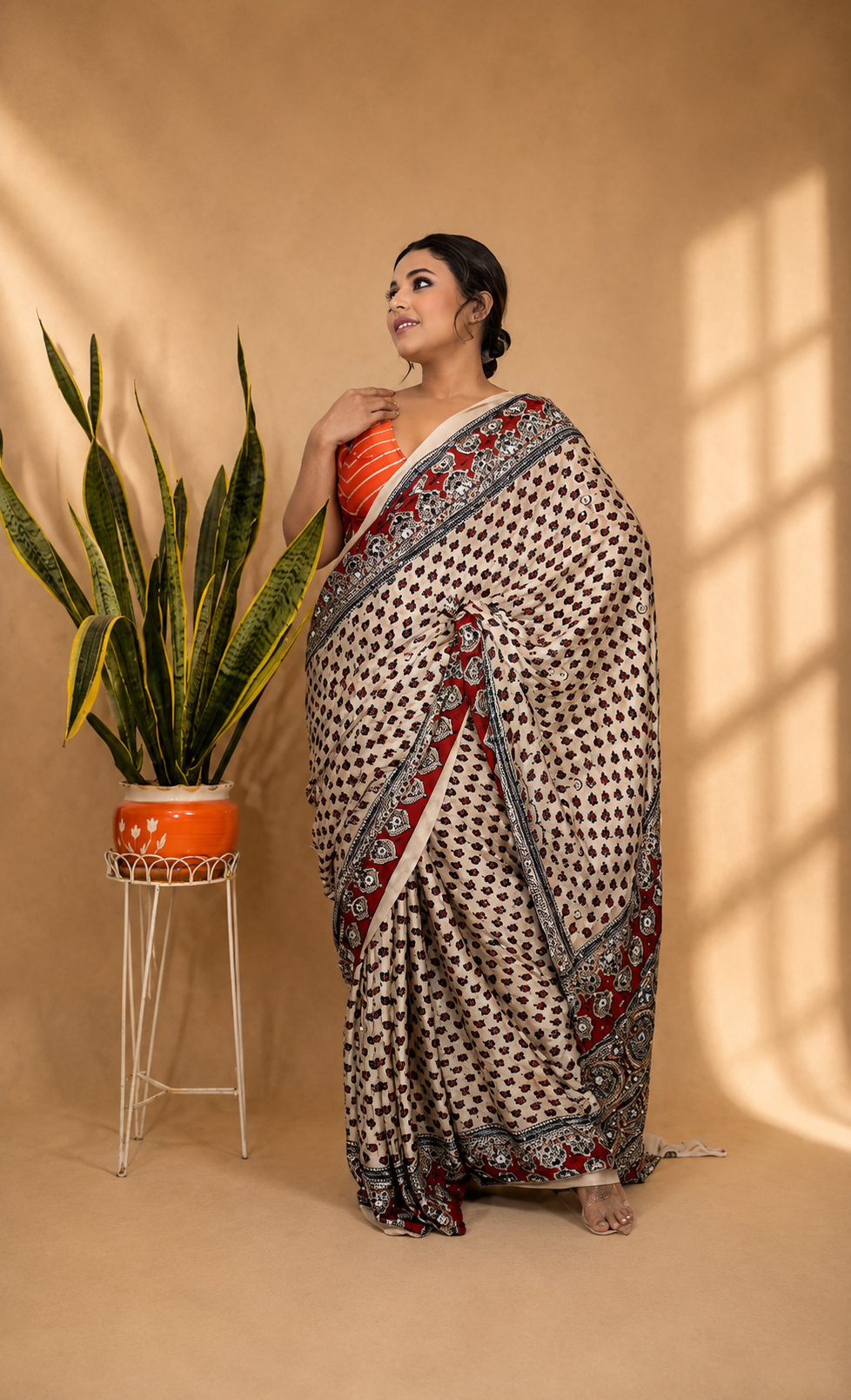 Modal silk ajrak print saree with running blouse piece