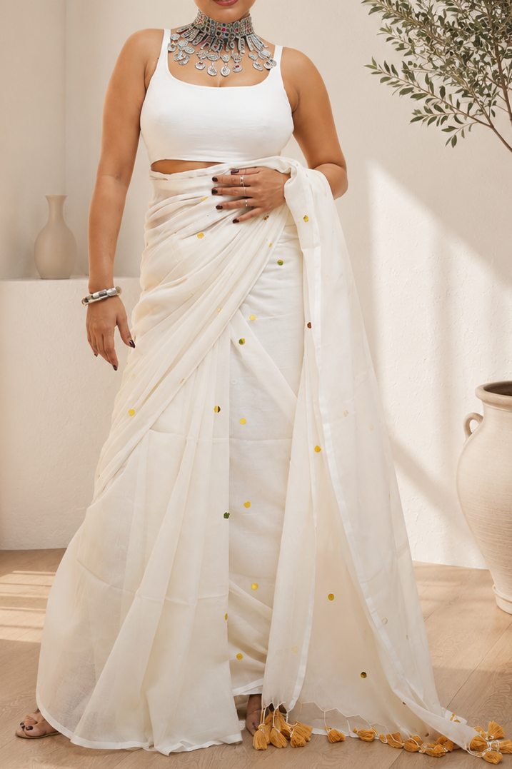 White Malcotton Sitara Work Saree