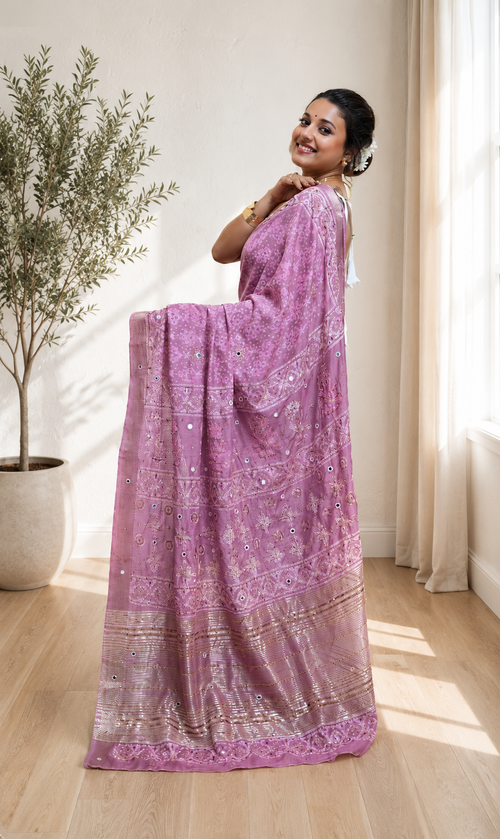 Cotton Silk Bagru Print Saree with Real Mirror & Zardozi Work
