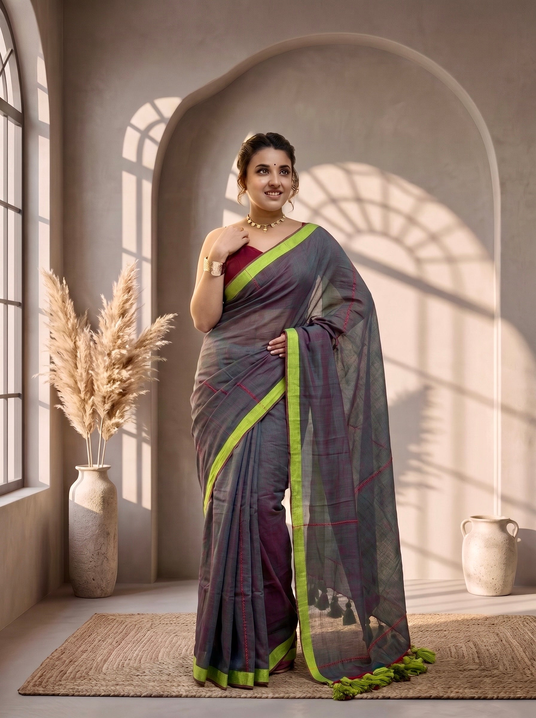 Elegant Cotton Malmal Saree with Tassel Pallu | Soft & Lightweight |GREY