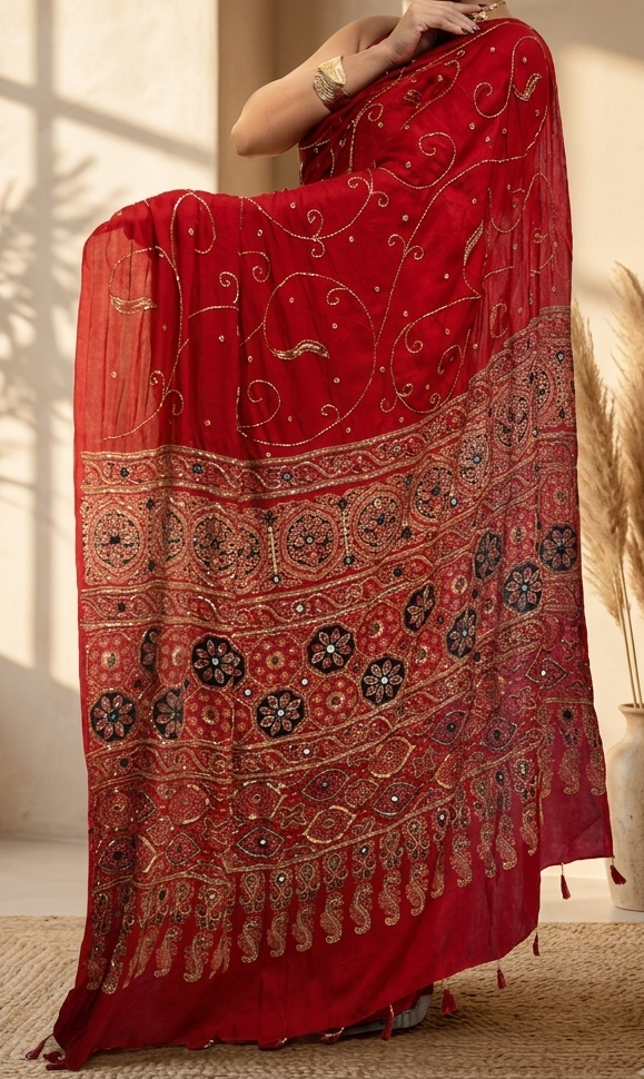 Premium Modal Ajrakh Saree with Zardosi Work