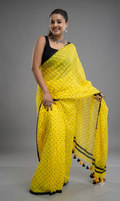 Sunshine Yellow Printed Polka Dot Georgette Saree