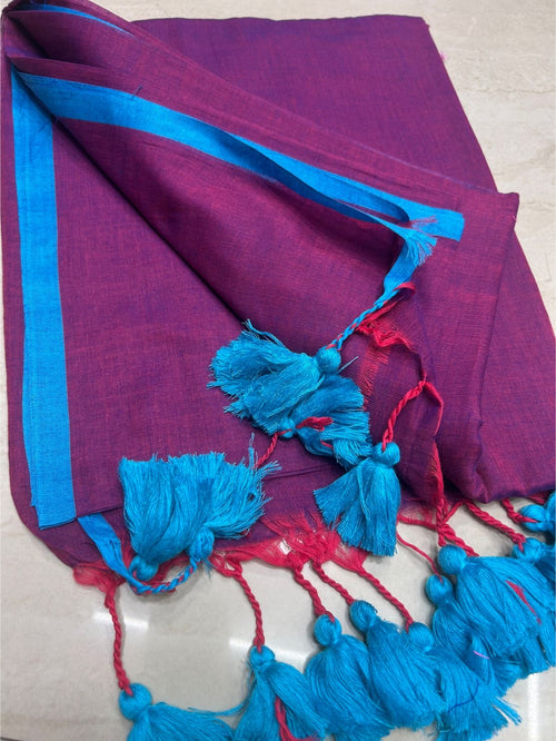 Elegant Cotton Malmal Saree with Tassel Pallu | Soft & Lightweight PURPLE