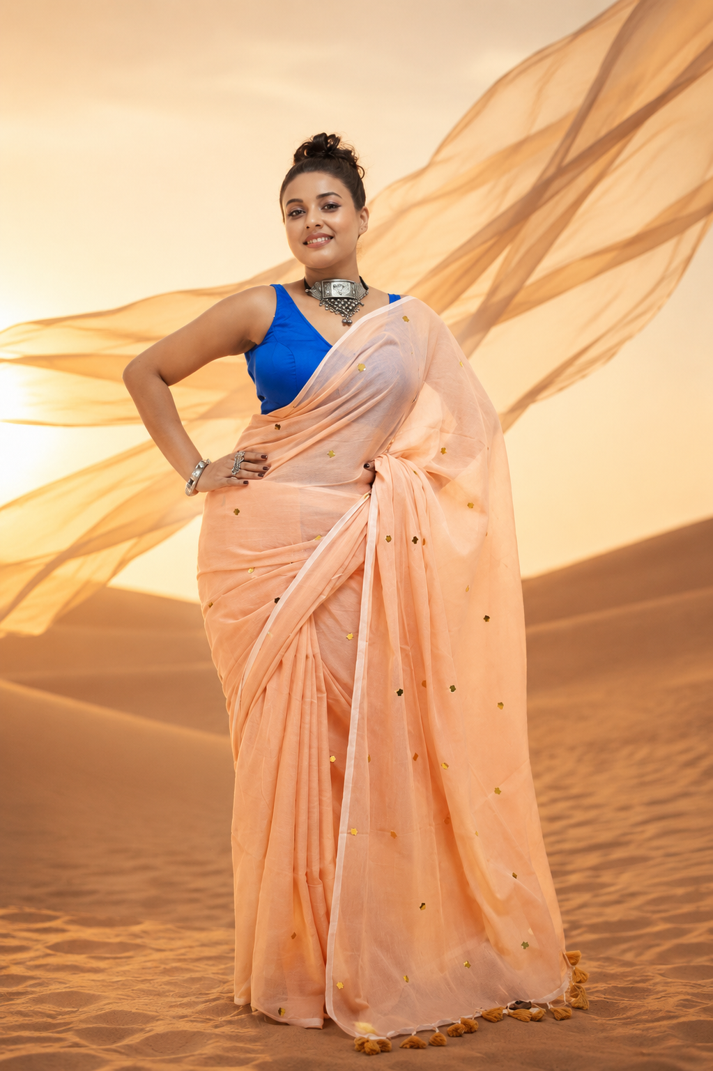 Peach Mal Cotton Sitara Saree