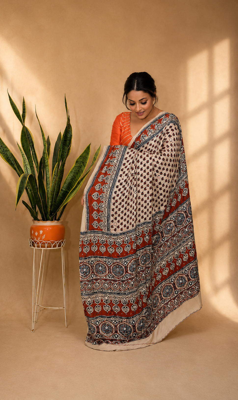 Modal silk ajrak print saree with running blouse piece