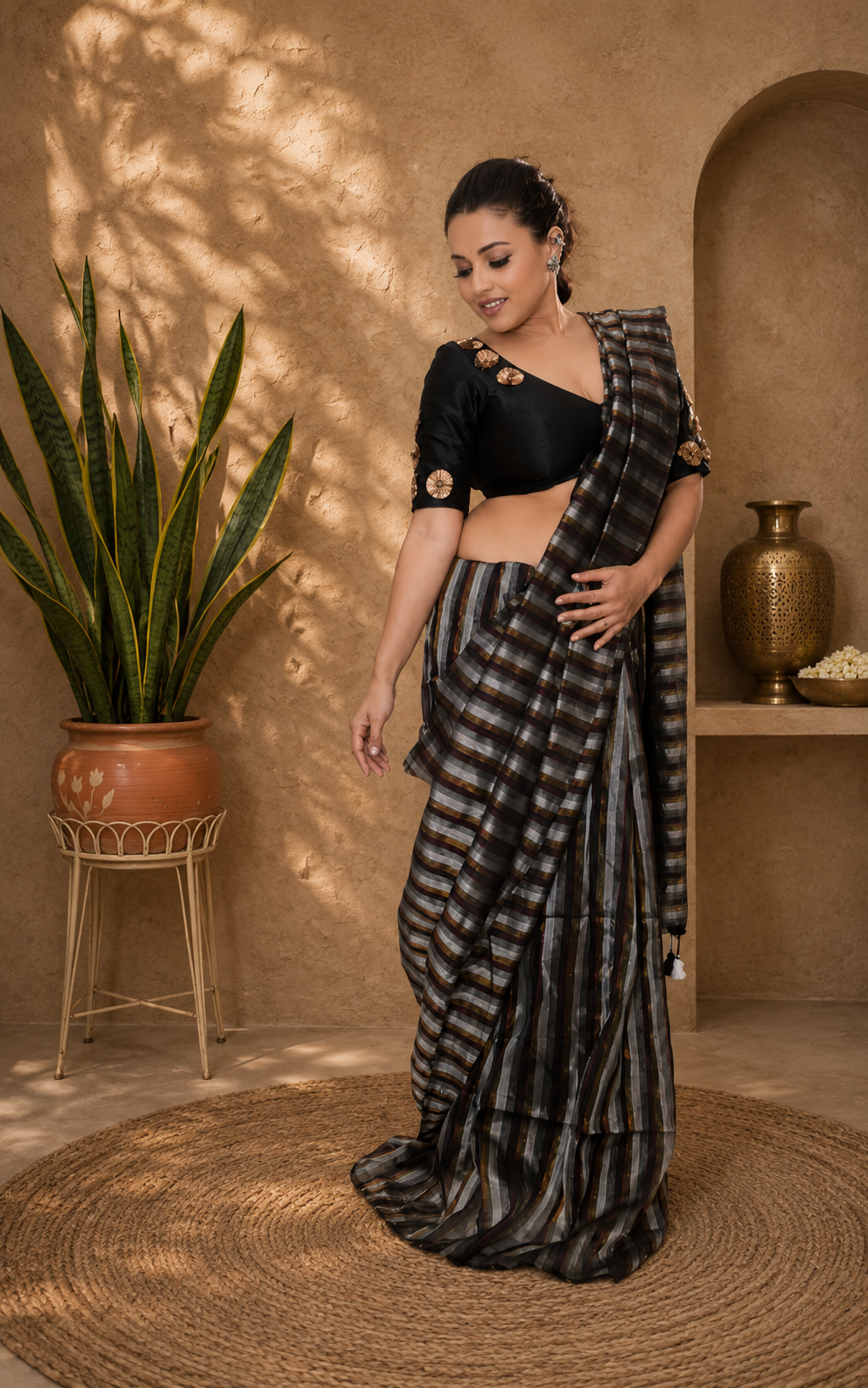 Malcotton zari stripe saree with running plane blouse piece