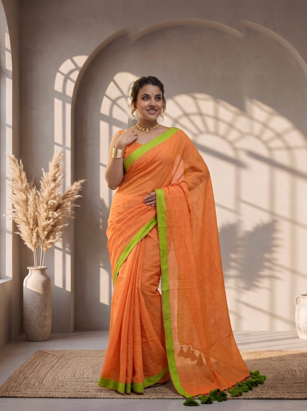 Elegant Cotton Malmal Saree with Tassel Pallu | Soft & Lightweight |ORANGE