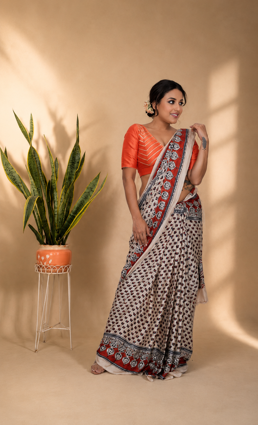 Modal silk ajrak print saree with running blouse piece