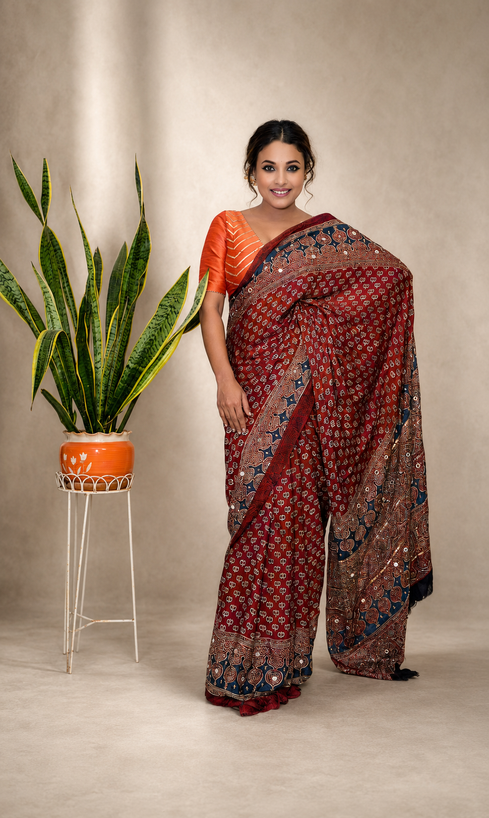 Modal silk ajrak zardusi hand work saree with running blouse piece