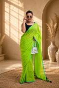 Neon Lime Polka Dot Saree with Turquoise Border