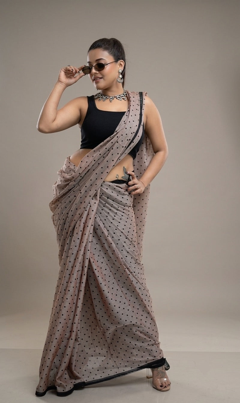 Taupe Blush Polka Dot Saree with Charcoal Piping