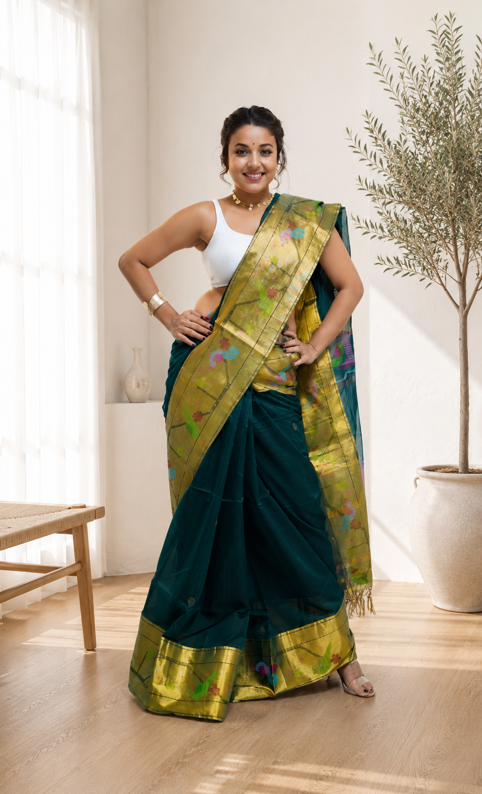 Handloom Paithani Saree in Deep Teal Green With Blouse Piece