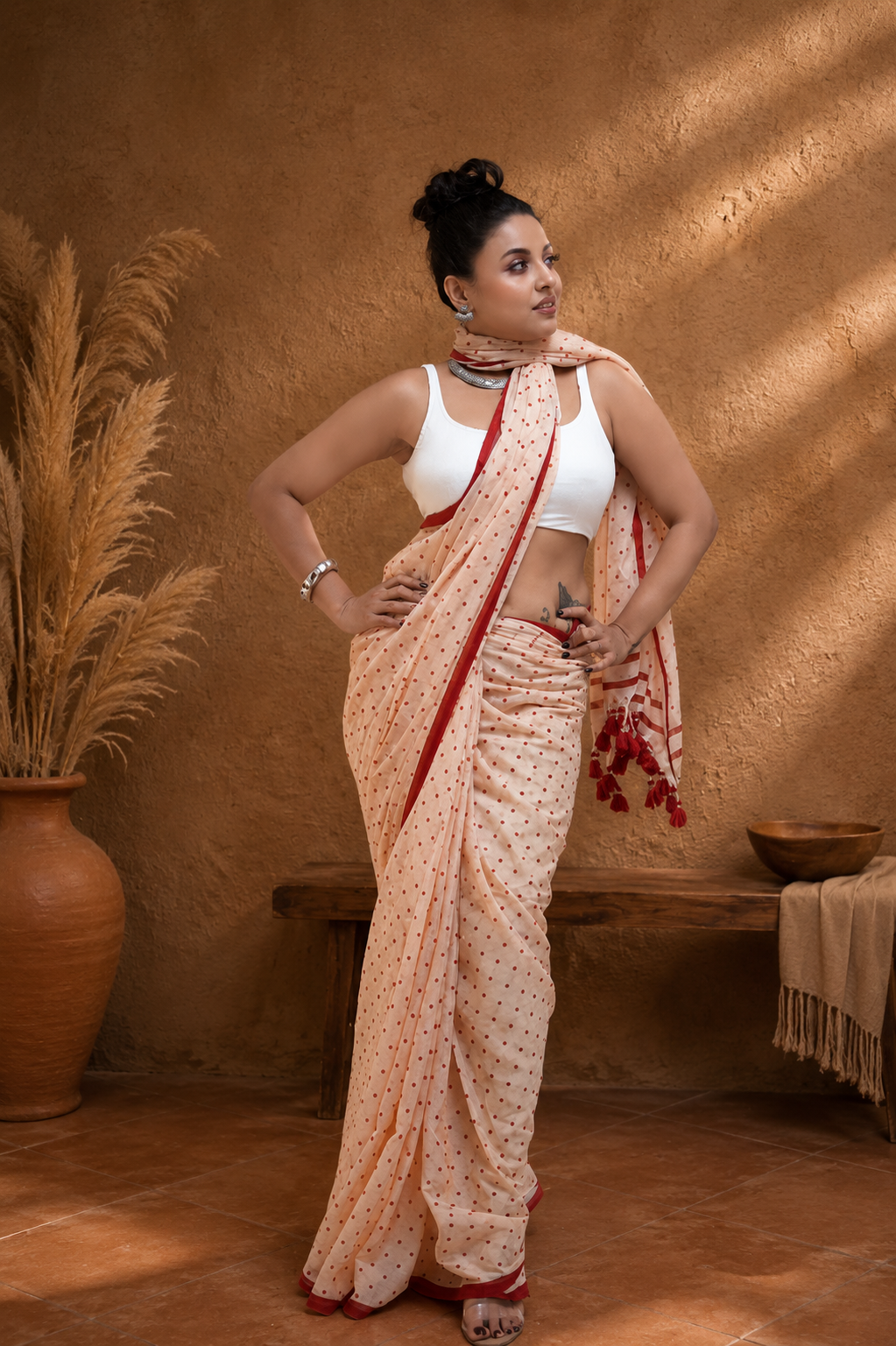 Peach polka Malcotton Saree