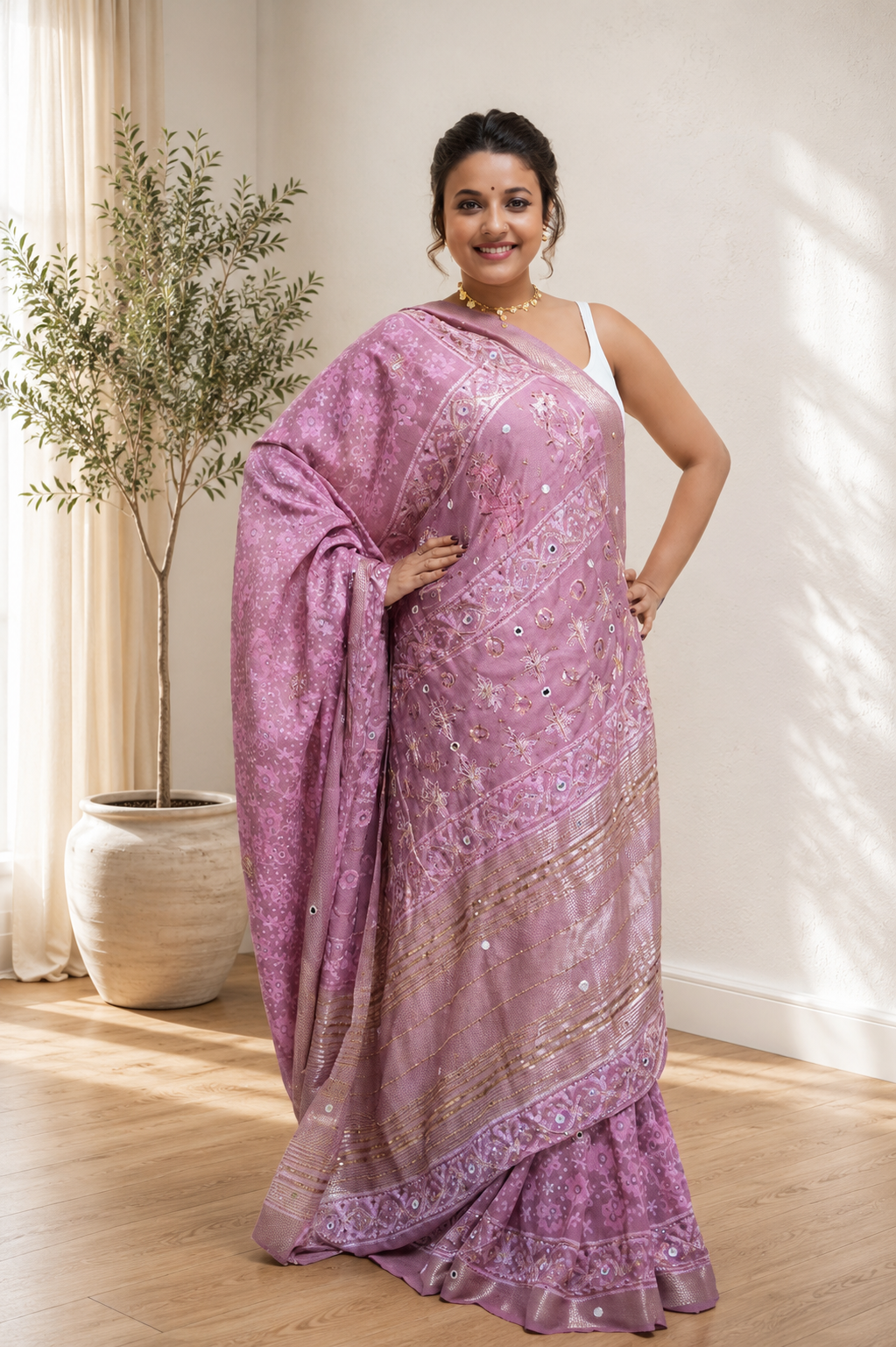 Cotton Silk Bagru Print Saree with Real Mirror & Zardozi Work