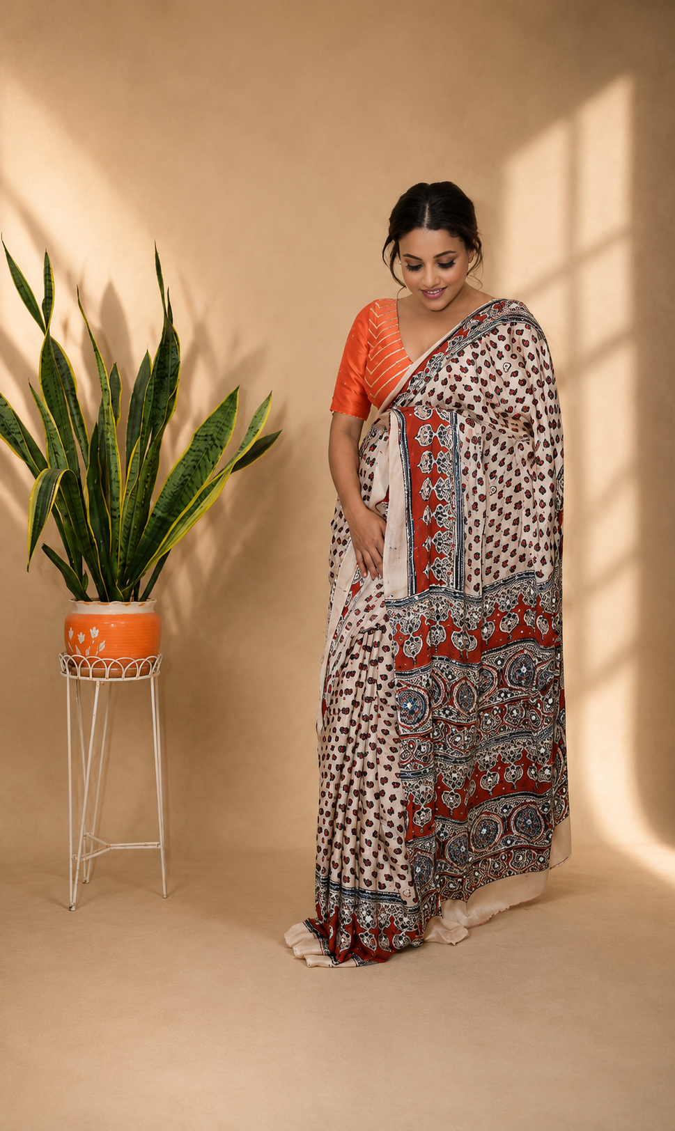 Modal silk ajrak print saree with running blouse piece
