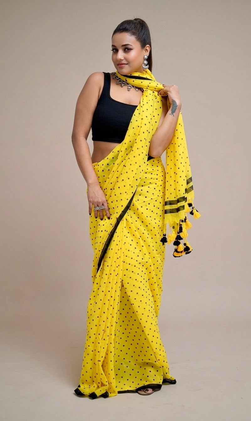 Sunshine Yellow Printed Polka Dot Georgette Saree