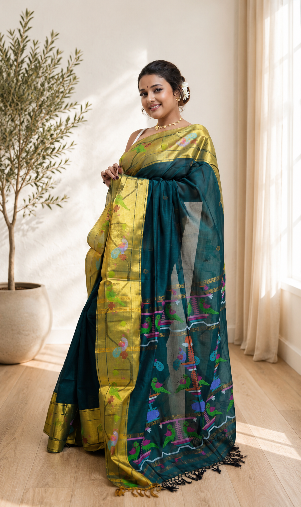 Handloom Paithani Saree in Deep Teal Green With Blouse Piece