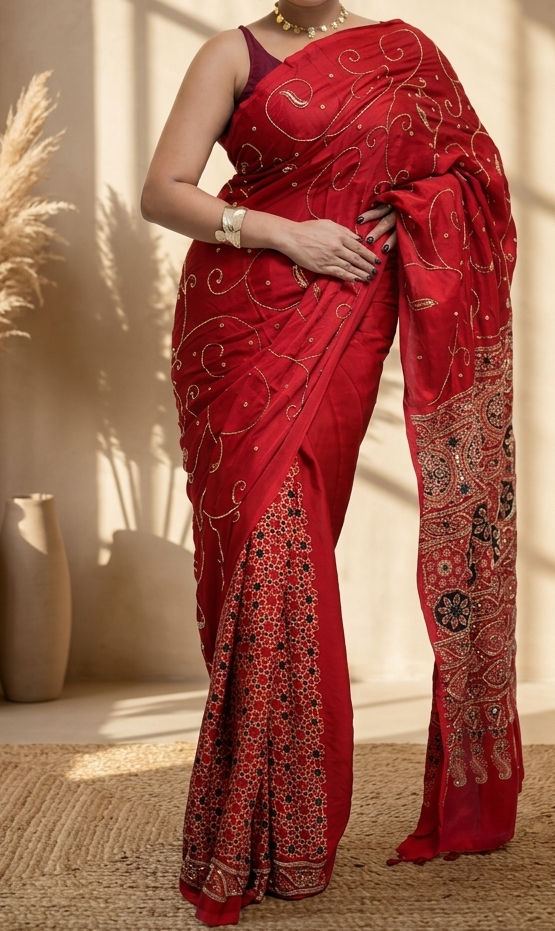 Premium Modal Ajrakh Saree with Zardosi Work