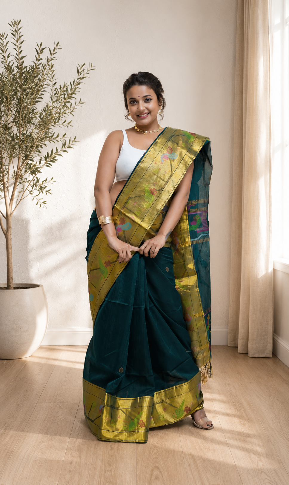 Handloom Paithani Saree in Deep Teal Green With Blouse Piece