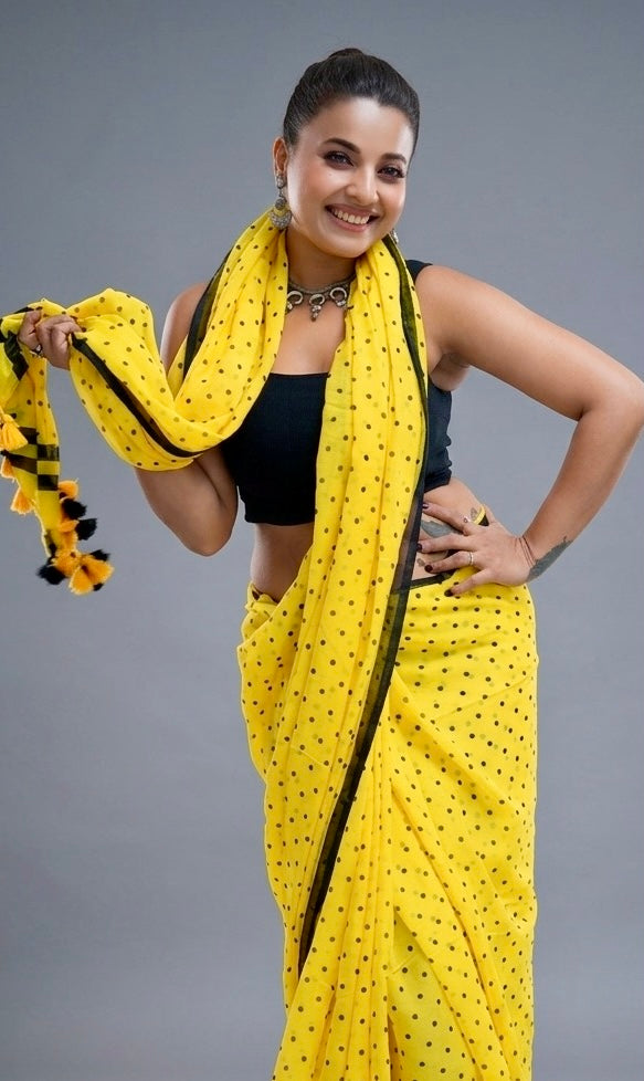 Sunshine Yellow Printed Polka Dot Georgette Saree