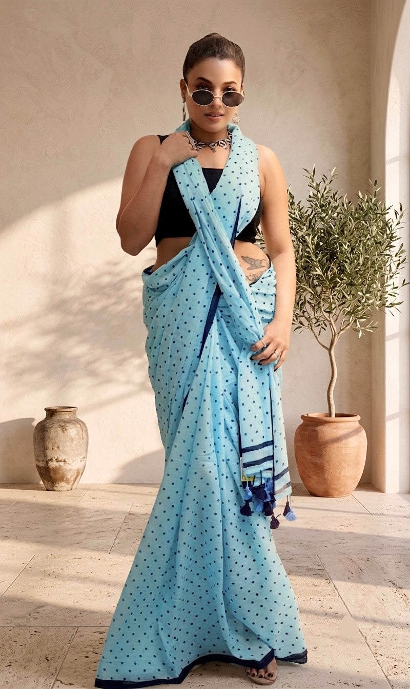 Blue Polka Dot Malcotton Saree