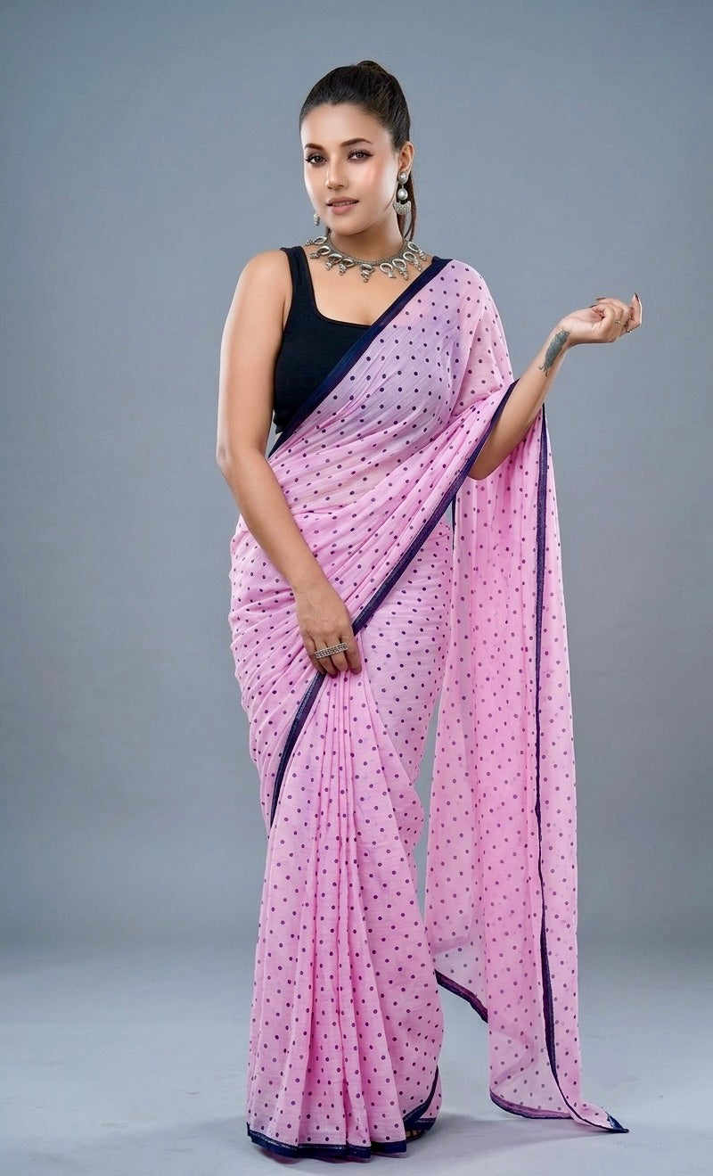 Pastel Pink Printed Polka Dot Malcotton Saree