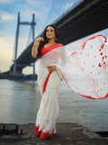 White Mulmul Cotton Handwoven Saree with Crimson Red Border
