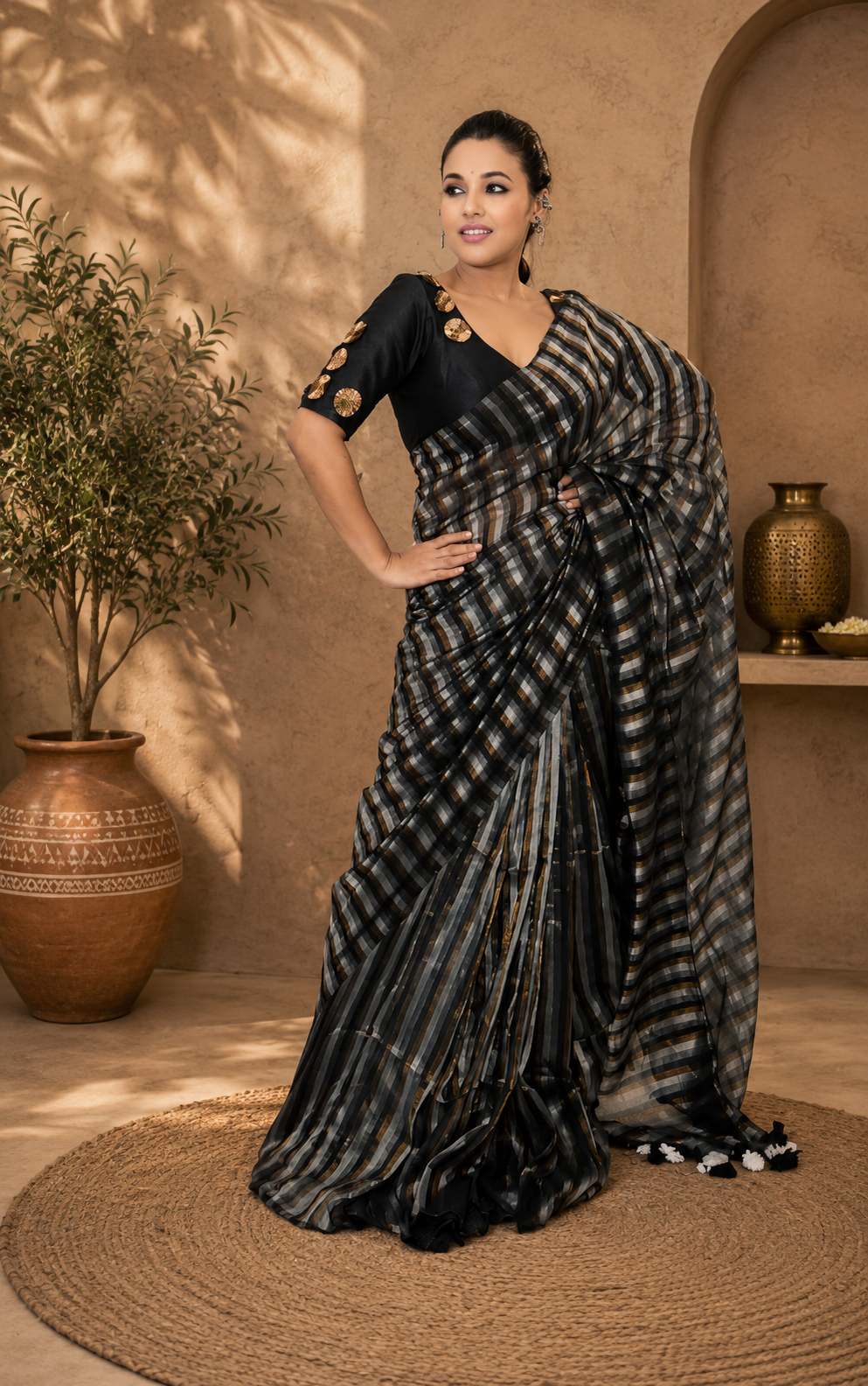 Malcotton zari stripe saree with running plane blouse piece