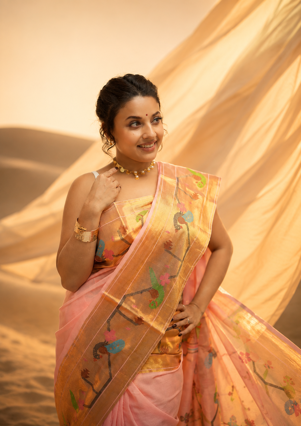 Premium Mal Cotton Sitara Work Saree (Pastel Pink)