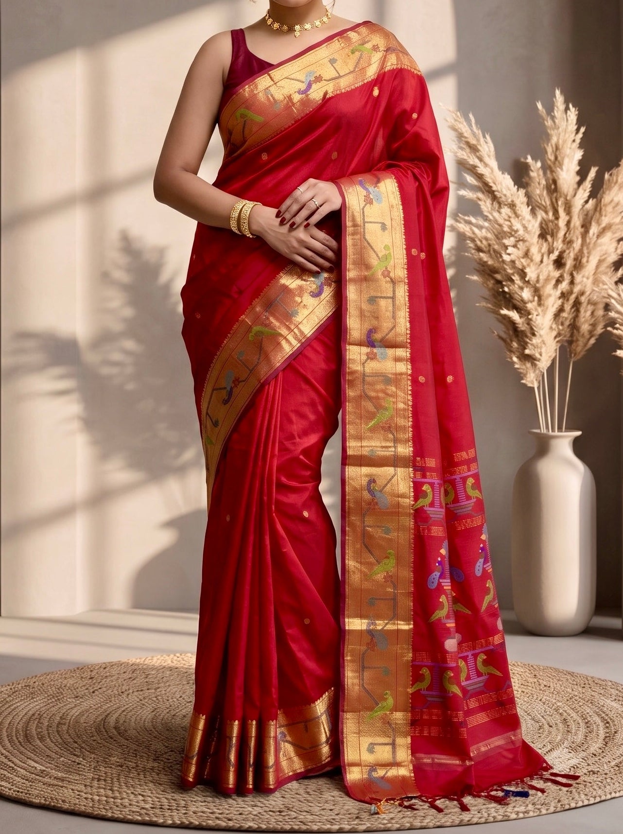 Handloom Paithani saree with Work & Running Blouse peice (Red)