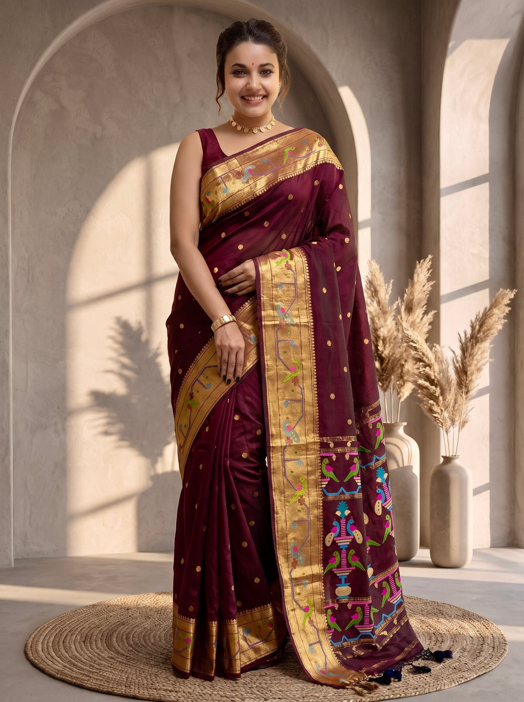 Handloom Paithani Saree With Work & Running Blouse Peice(Brown)