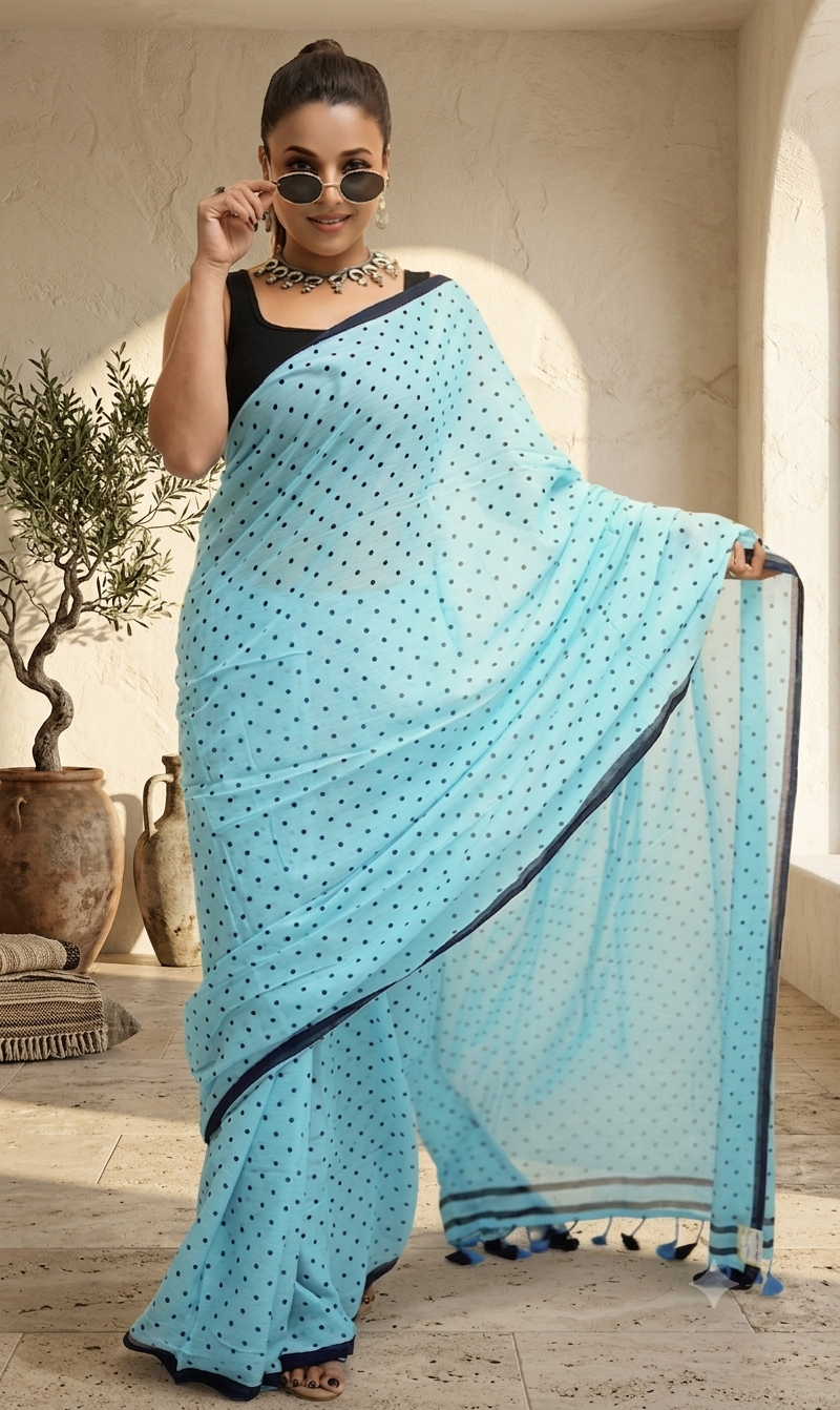 Blue Polka Dot Malcotton Saree