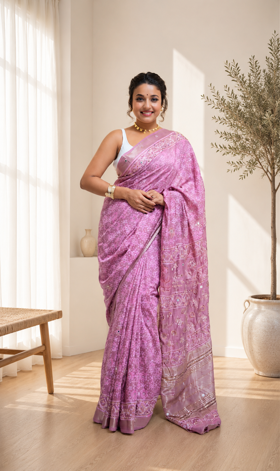 Cotton Silk Bagru Print Saree with Real Mirror & Zardozi Work