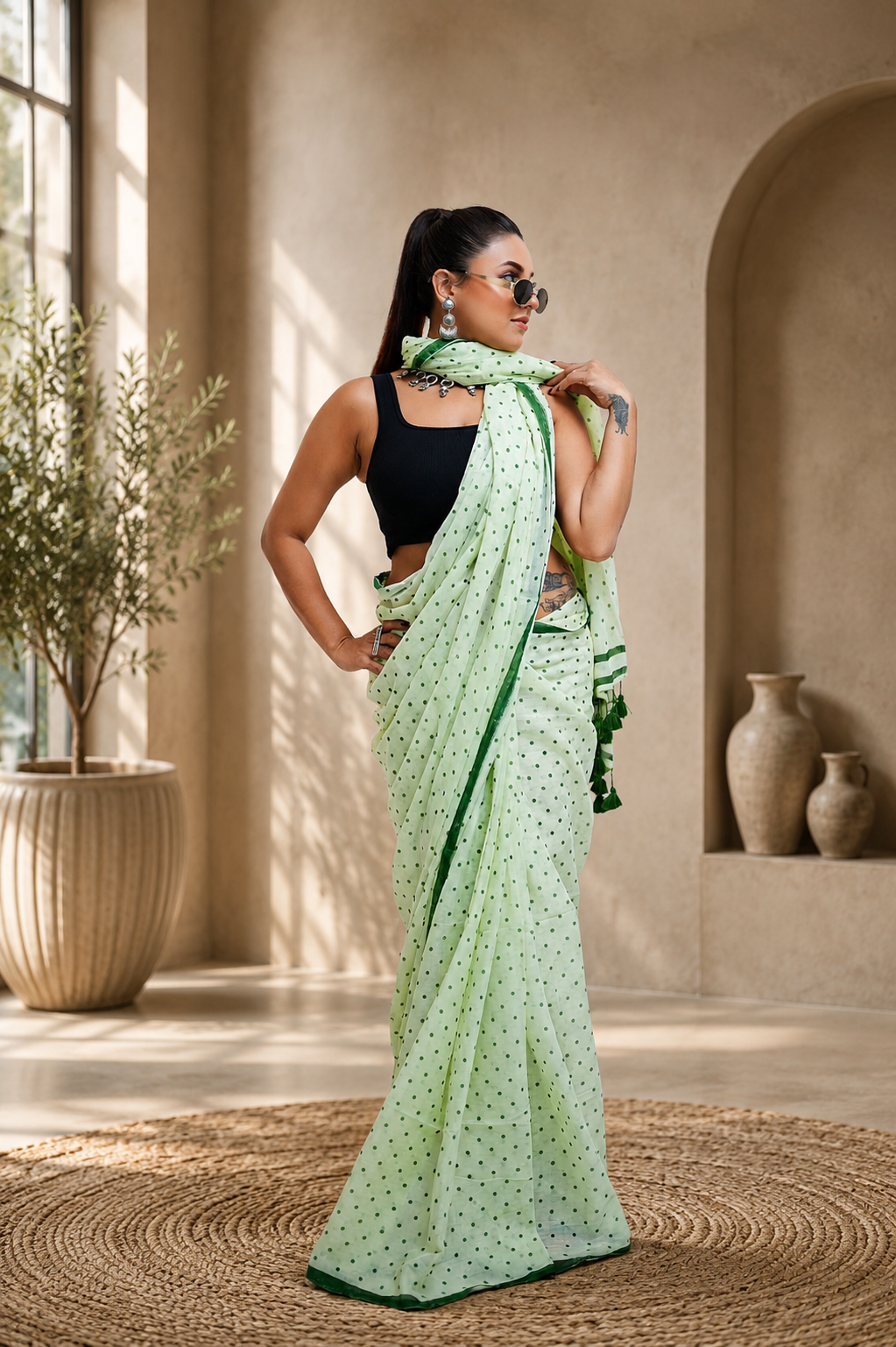 Green Polka Dot Malcotton Saree
