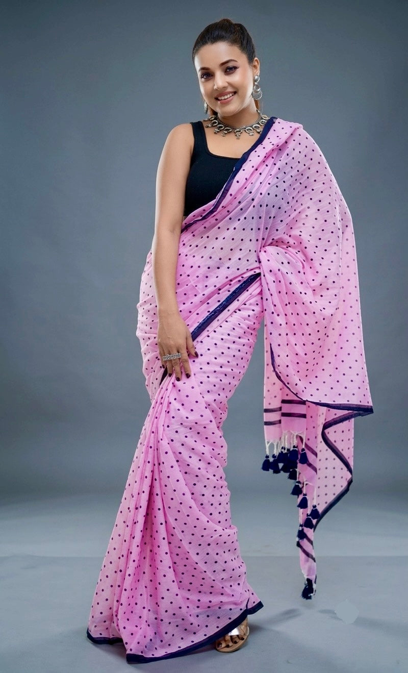 Pastel Pink Printed Polka Dot Malcotton Saree