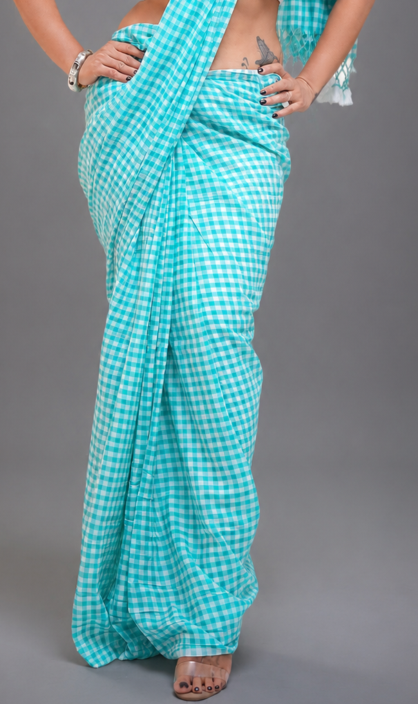 SkyBlue Checks Malcotton Saree