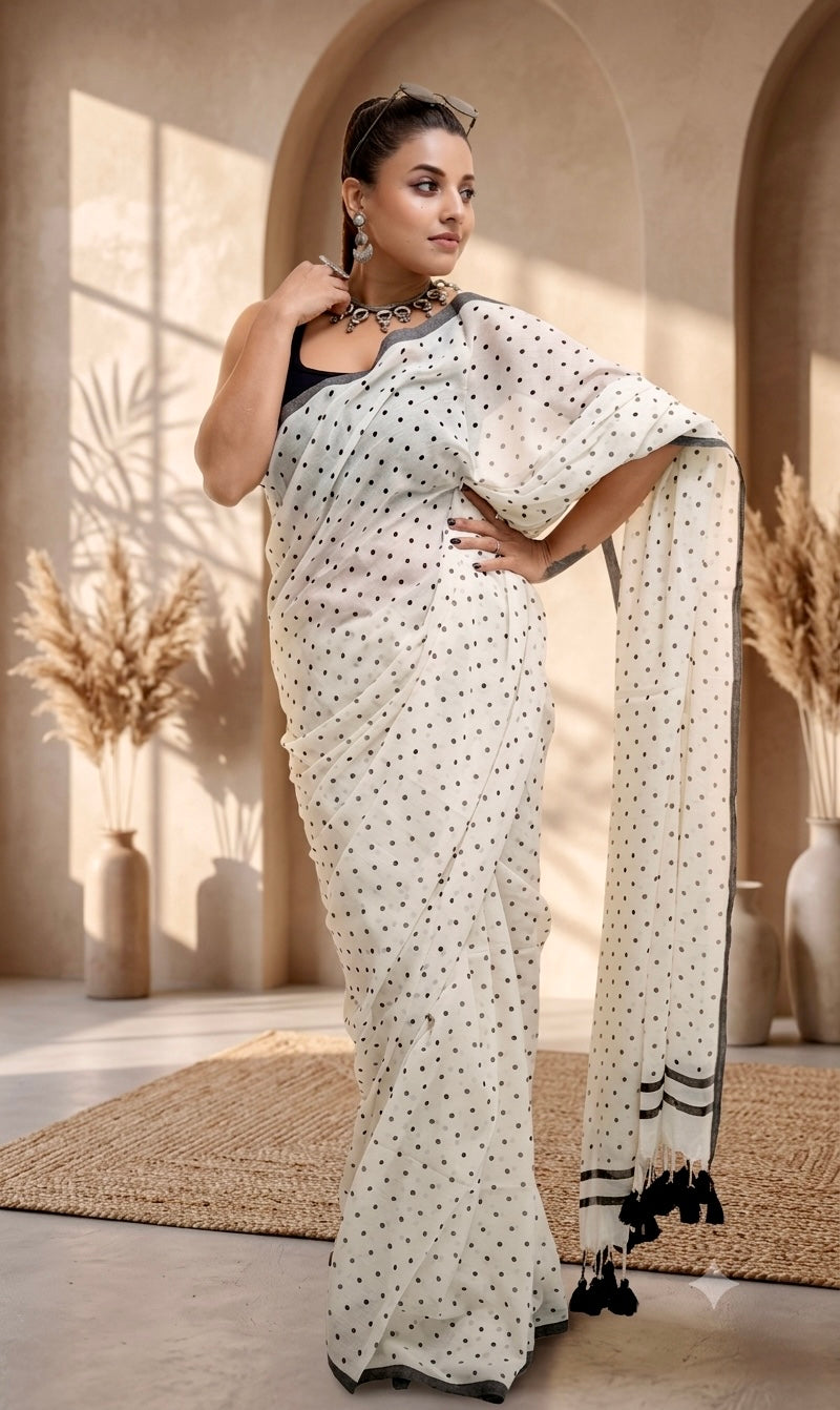 Monochrome Ivory Polka Dot Saree with Charcoal Border
