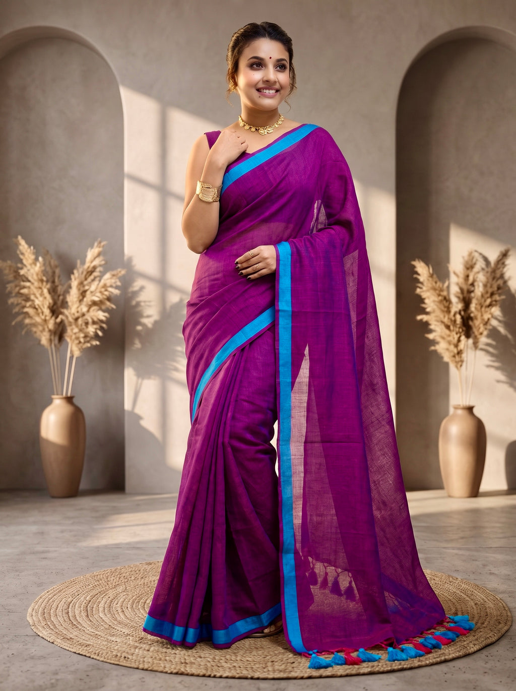 Elegant Cotton Malmal Saree with Tassel Pallu | Soft & Lightweight PURPLE
