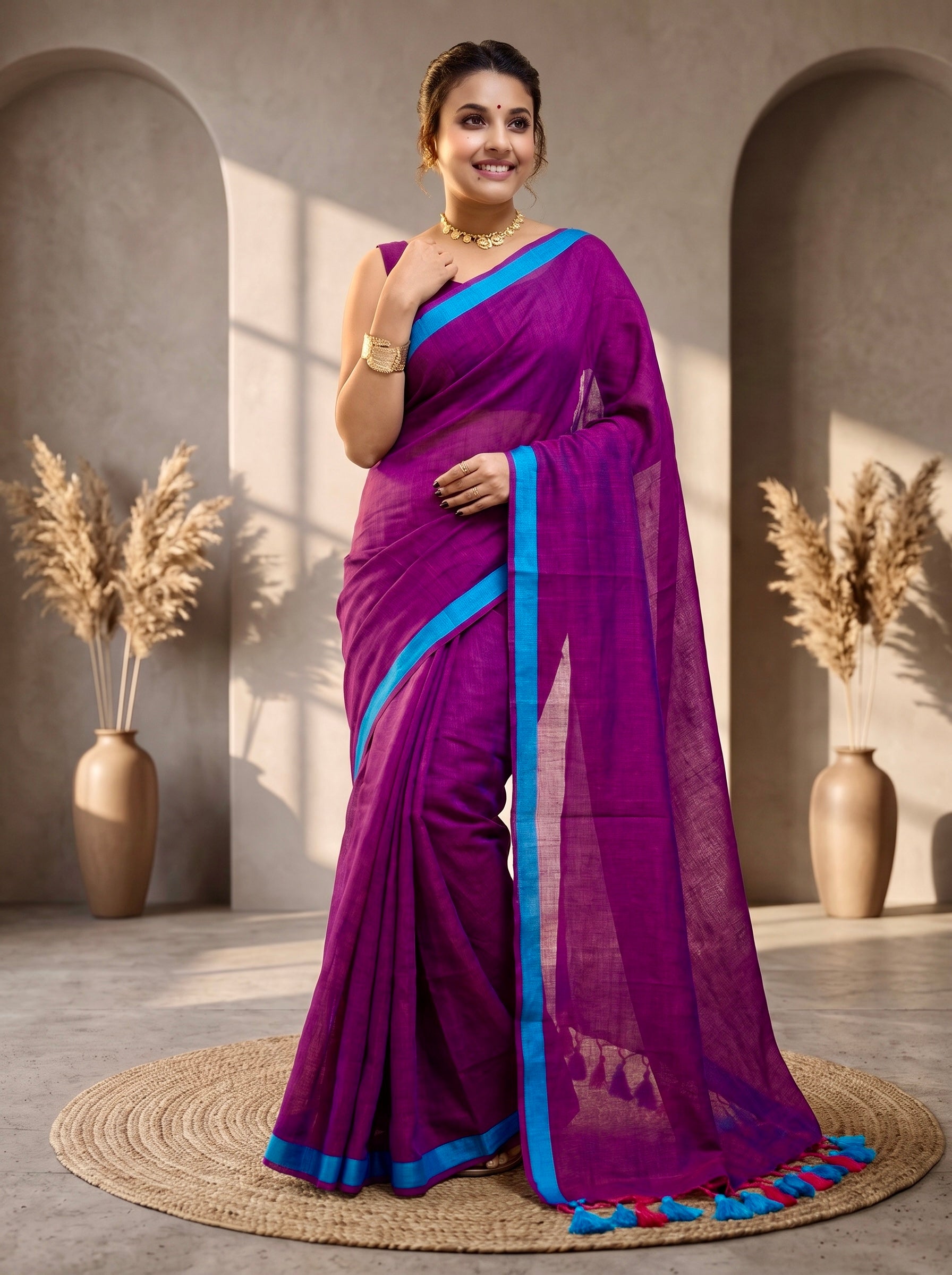 Elegant Cotton Malmal Saree with Tassel Pallu | Soft & Lightweight PURPLE