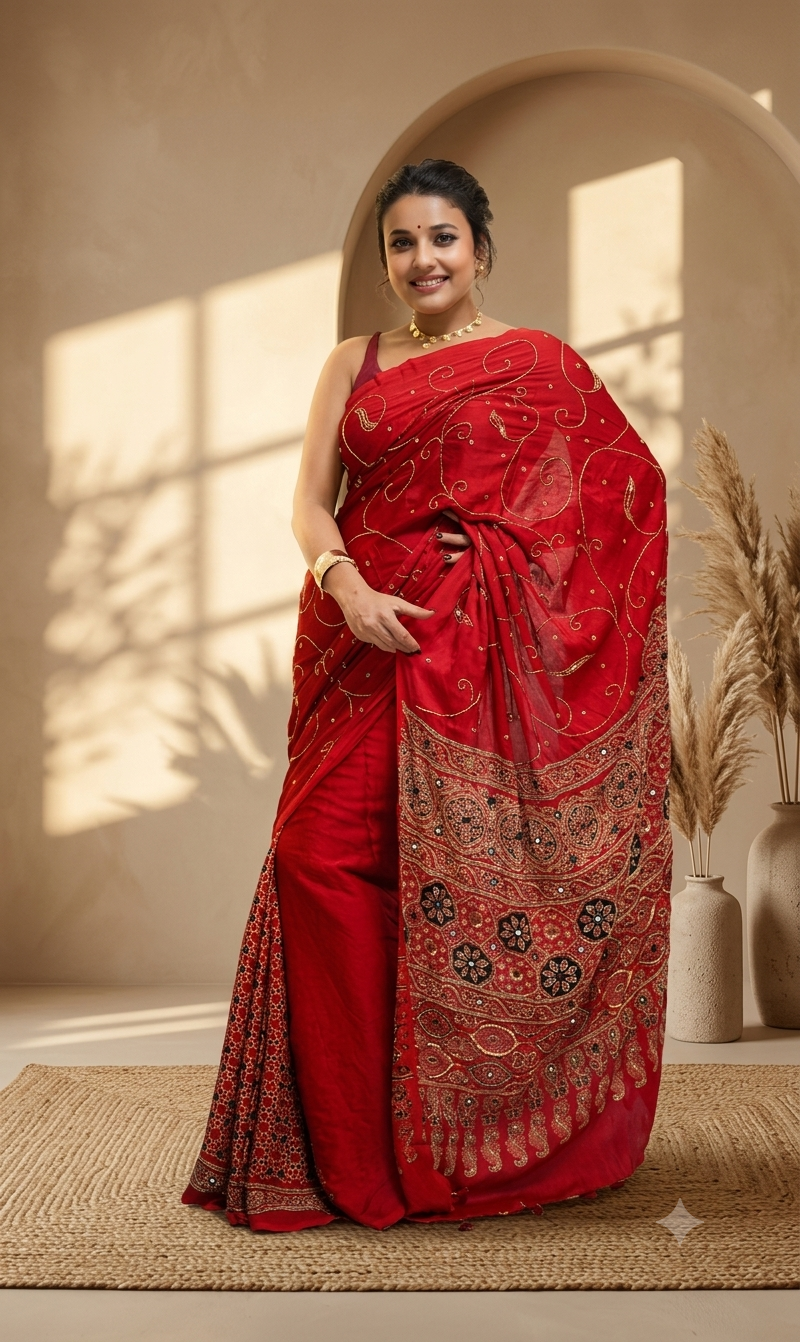 Premium Modal Ajrakh Saree with Zardosi Work